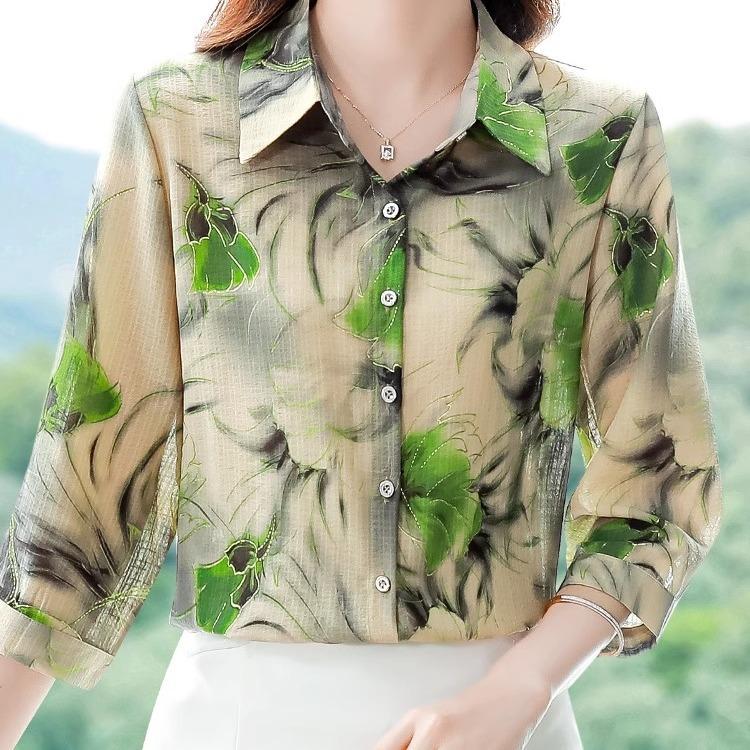 Blusa de manga 3/4 para verano y otoño, nueva ropa de mujer a la moda, camisa con cuello vuelto y estampado para mamá, tallas M a 5XL