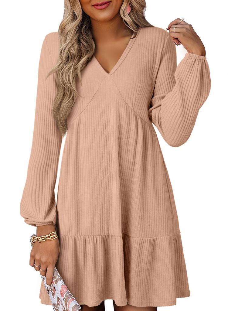 V-neck spring and autumn design sense fashion casual dress women's long-sleeved niche elegant line dress