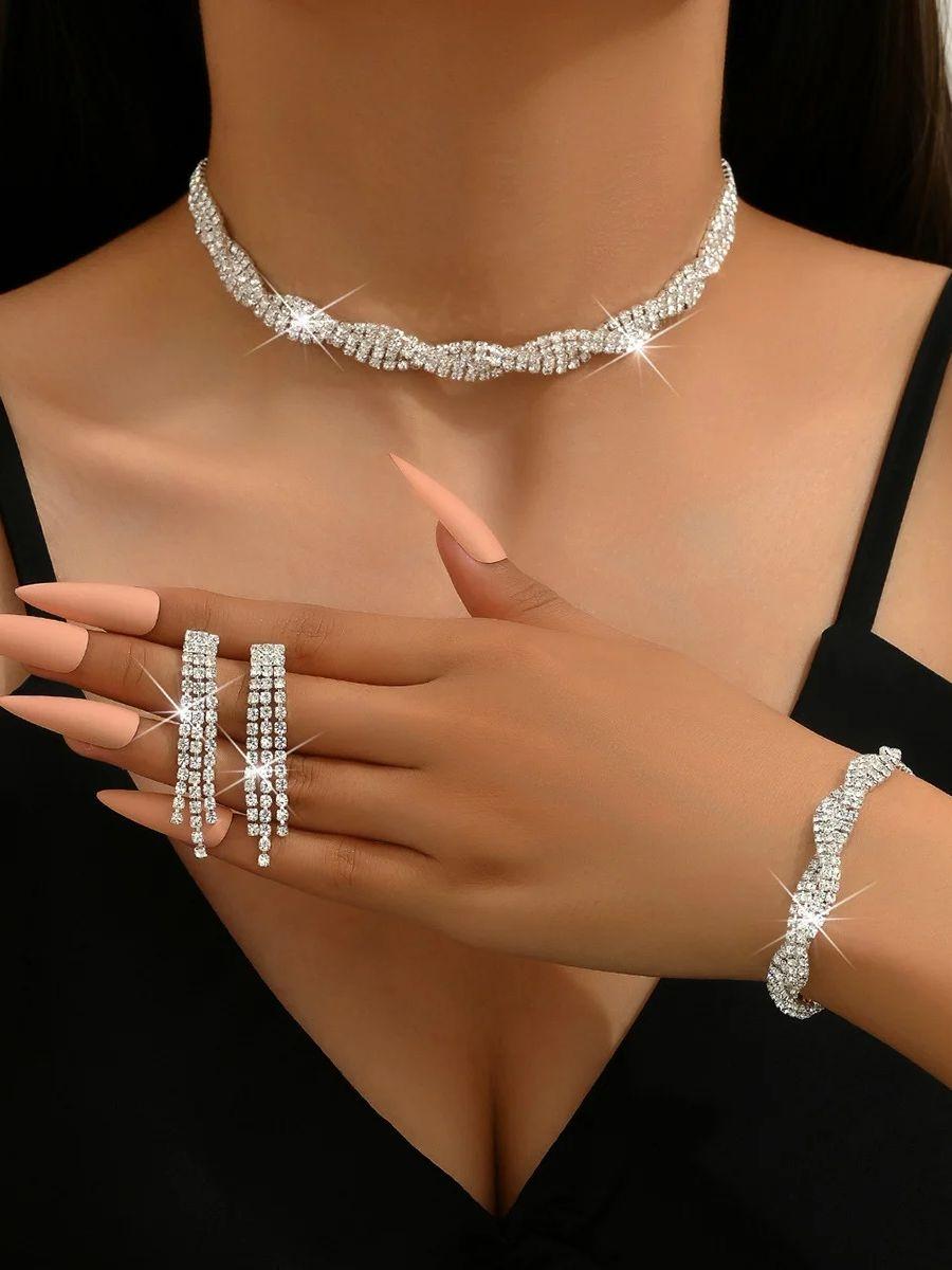 

4 шт. Женский модный тренд Медь Коготь Цепь Кисточка Ожерелье Серьги Браслет Набор с цирконами Свадебный банкет Вечеринка Фестиваль Подарок