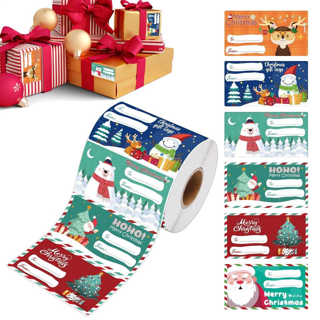 500PCS/roll Christmas Gift Tags & Wrapping Paper Self-Adhesive Cartoon Removable Holiday Wrapping Name Tag Stickers