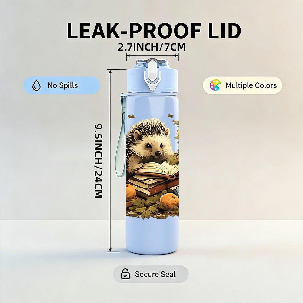 1PC Hedgehog Autumn Leaf Scene Print 750ml Color Plastic Sports Water Bottle Leakproof Flip Straw Lid Suitable for Sports Office Home Use