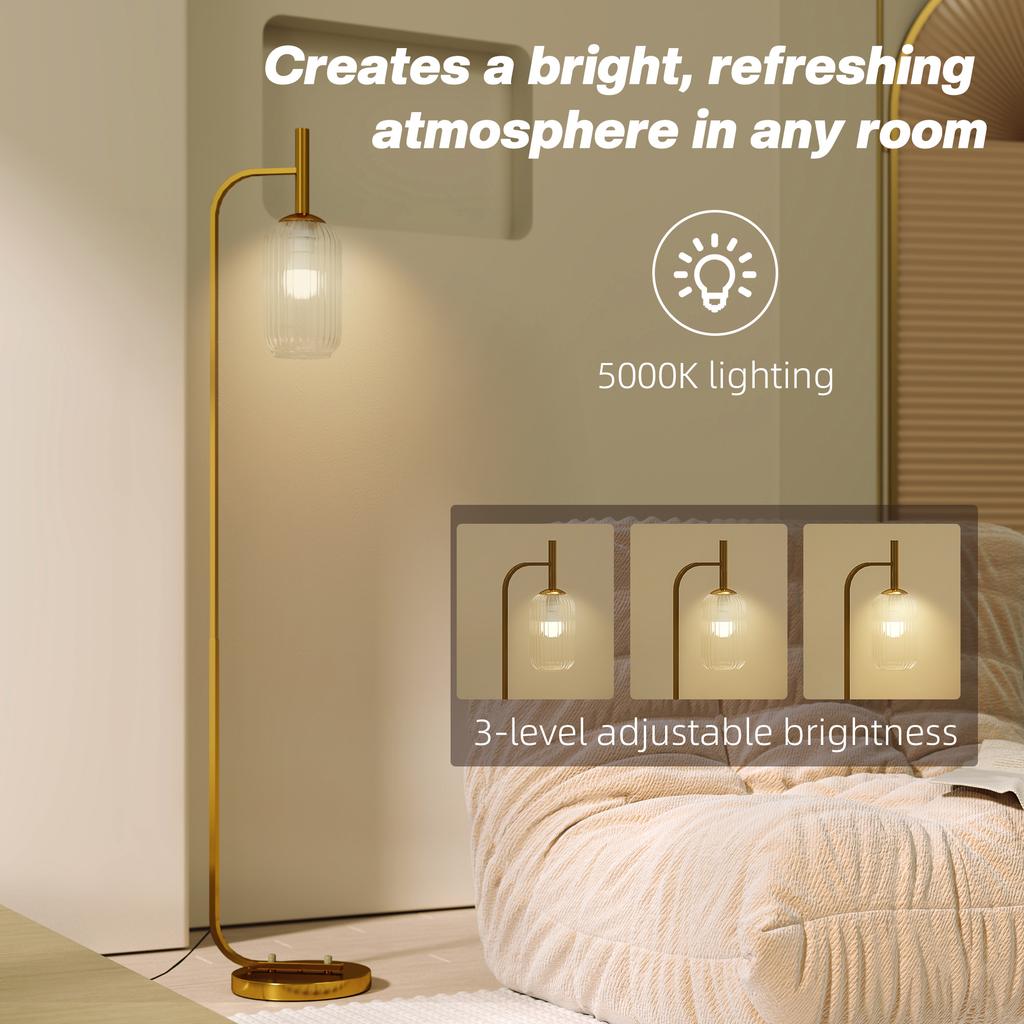 LED Floor Lamp for Living Room with Glass Lampshade, Modern Standing Lamp with Foot Switch, Adjustable Brightness, 2700K for Bedroom, Gold Tone