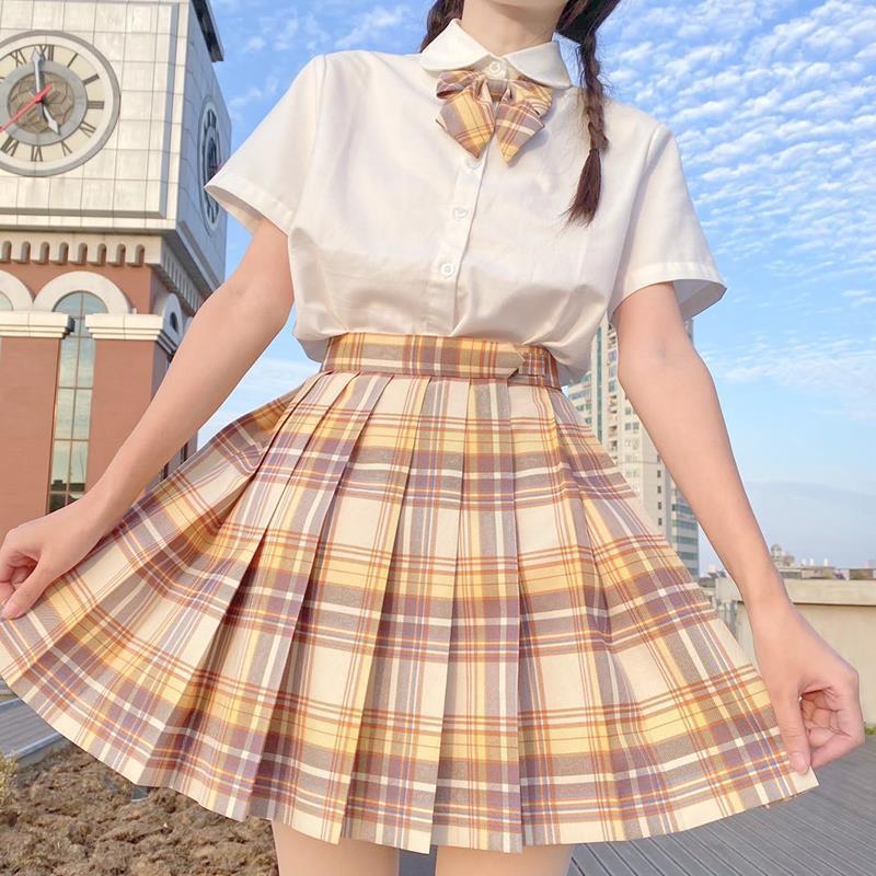 Yamabuki JK Academy Style Female Student Uniform: White Shirt & Pleated Plaid Midi Skirt Set