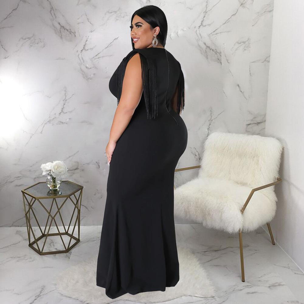 Plus Size Women's V-Neck Tassel Long Sleeve Slimming Dress