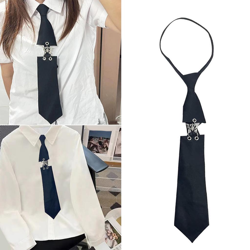 Unisex Adjustable Length Black Ties with Metal Butterfly Linked Vintage Punk Pre Tied Necktie Preppy Uniform Neckwear