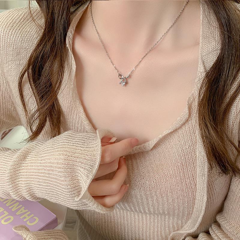 ummer bow necklace, Japanee and Korean tyle zircon butterfly pendant necklace, imple collarbone cha for female tide acceorie