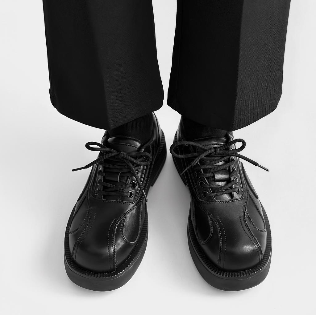 Men's round headed genuine leather shoes Fashionable black and white color blocking style Party thick soled walking office shoes