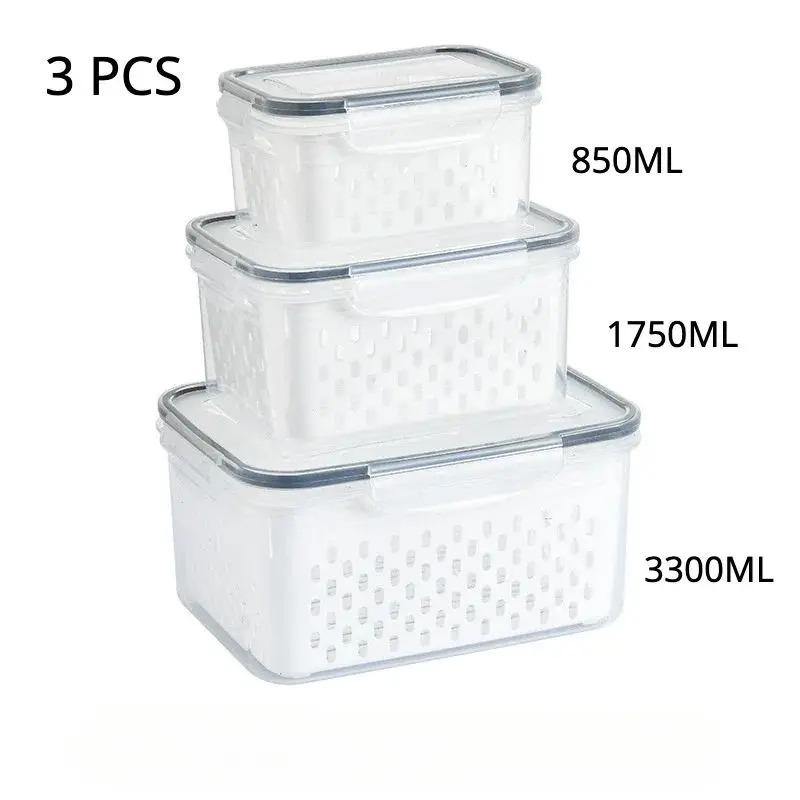 3pcs Double-Layer Drain Basket with Cover Refrigerator Fruits Vegetables Large Washing Basket Kitchen Storage Containers