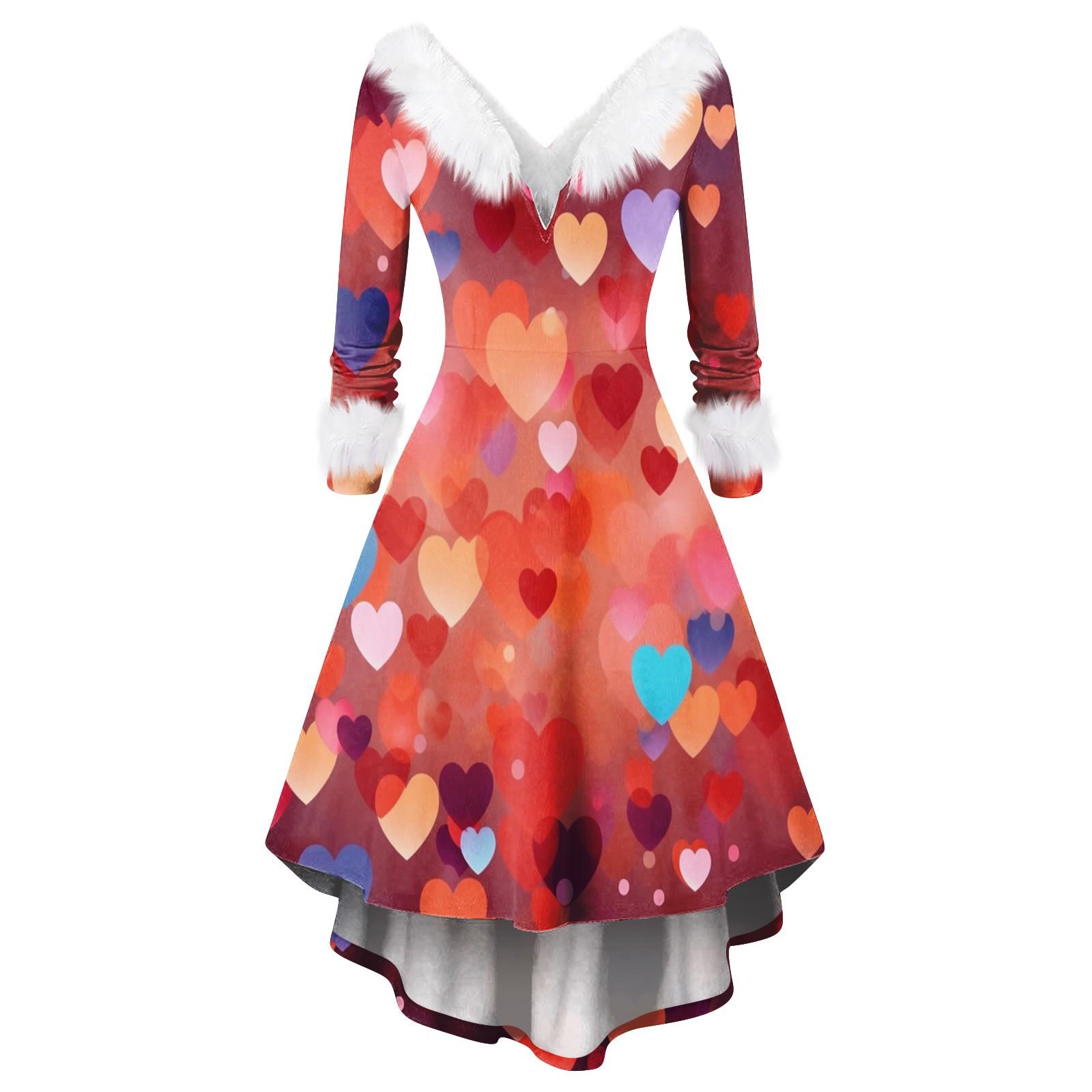 

Женское модное повседневное приталенное платье с V-образным вырезом и принтом в виде сердца ко Дню святого Валентина с длинными рукавами из меха L оранжевый