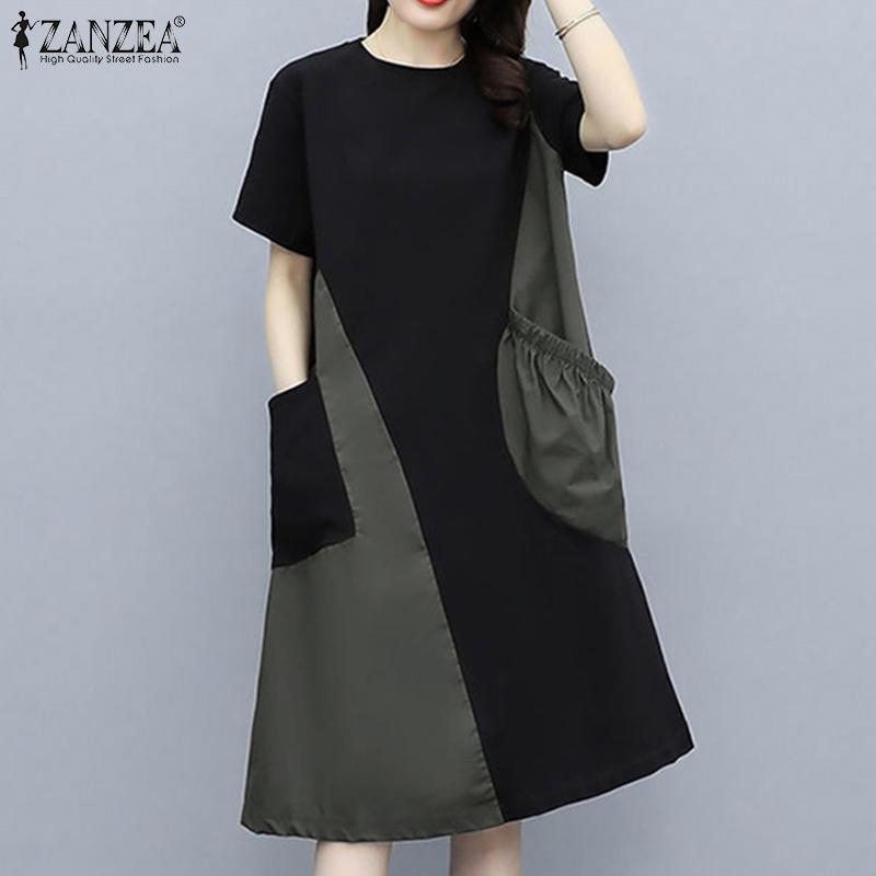 ZANZEA Women Casual O-neck Short Sleeve Summer Patchwork Dress