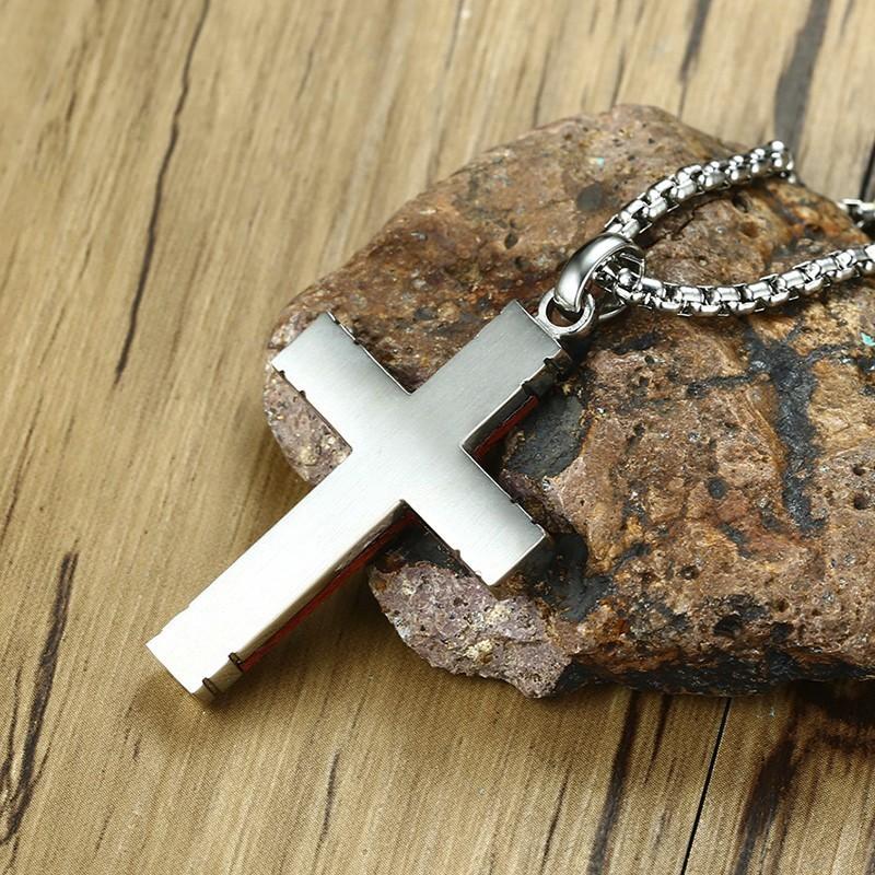Edle Herren-Kreuz-Anhänger-Halskette aus Rosenholz und Edelstahl-Kruzifix Männlicher Spiritueller Schmuck Christliche Geschenke 24 Zoll
