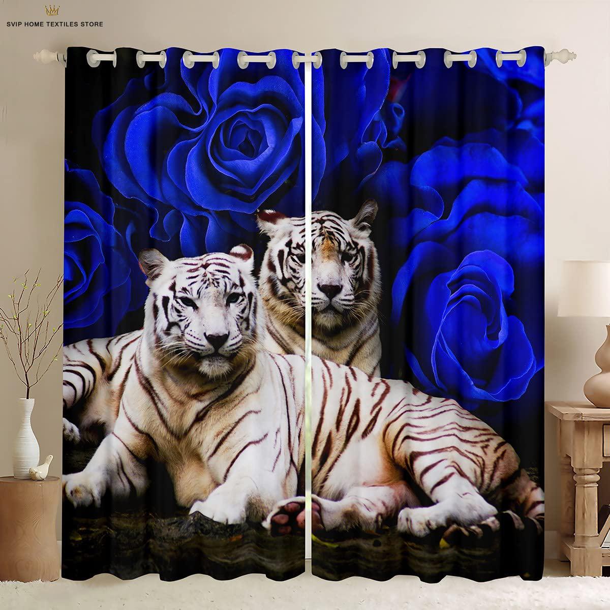 

Rose Flower Tiger Animal 3D Pattern Printing Curtain, Vintage Curtain, Window Decorative Piece, Rod Pocket, Home Decorative Piece, W50X130H(CM)X2PCS&Rod pocket