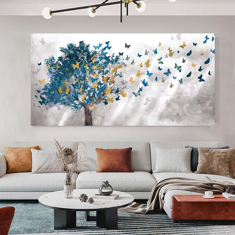 Soyut Mavi Ağaçlar ve Kelebek Tuval Boyama Posteri ve Baskılar İskandinav Resimleri için Oturma Odası Ev Duvar Sanatı Dekoratif