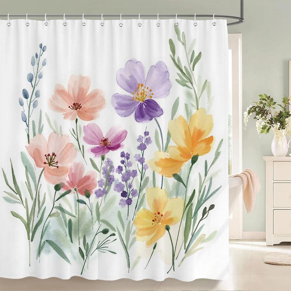 3D Printed Fabric Shower Curtains Fresh Flowers Plant Bath Screens Waterproof Bathroom Decor with 12 Hooks Shower Curtain