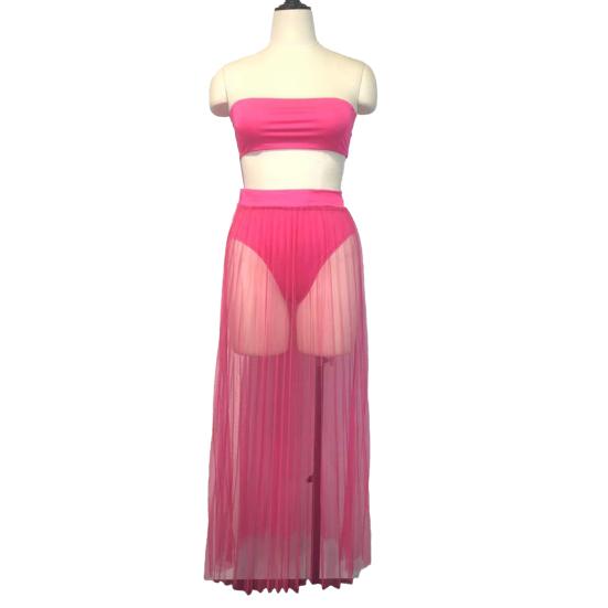 3Pcs/Set Vest Skirt Set Sexy Bandeau Tops High Waist Briefs Mesh Pleated Long Skirt Set Solid Color Outfit