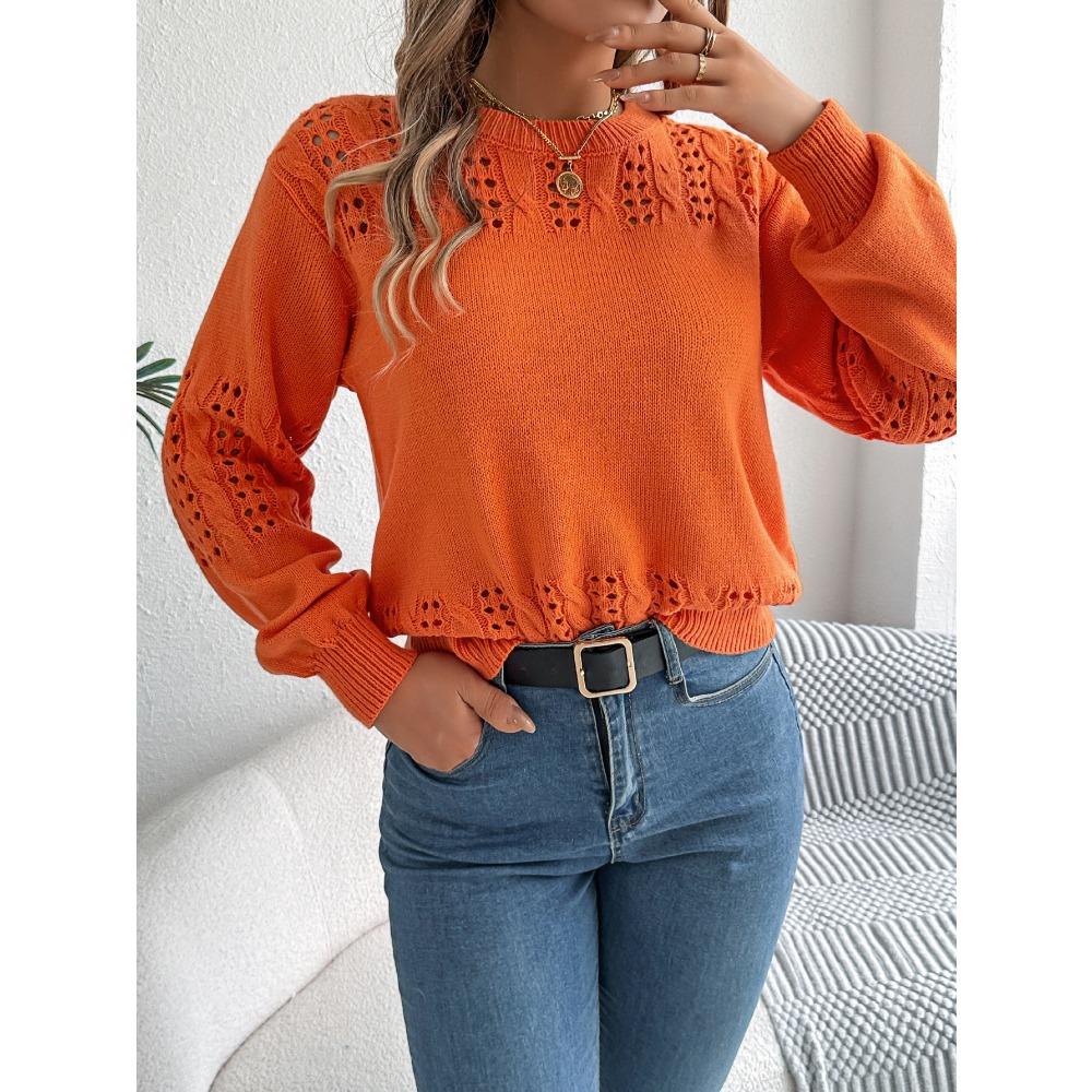 Women's Sweatshirt Casual Solid Colour Openwork Lantern Sleeve Pullover Knit Top