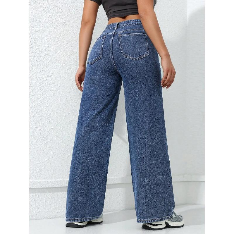 Retro Loose Wide Leg Jeans Fashion Women Solid Straight Wash High Elastic Waist Denim Pants Casual Streetwear Pocket Trousers