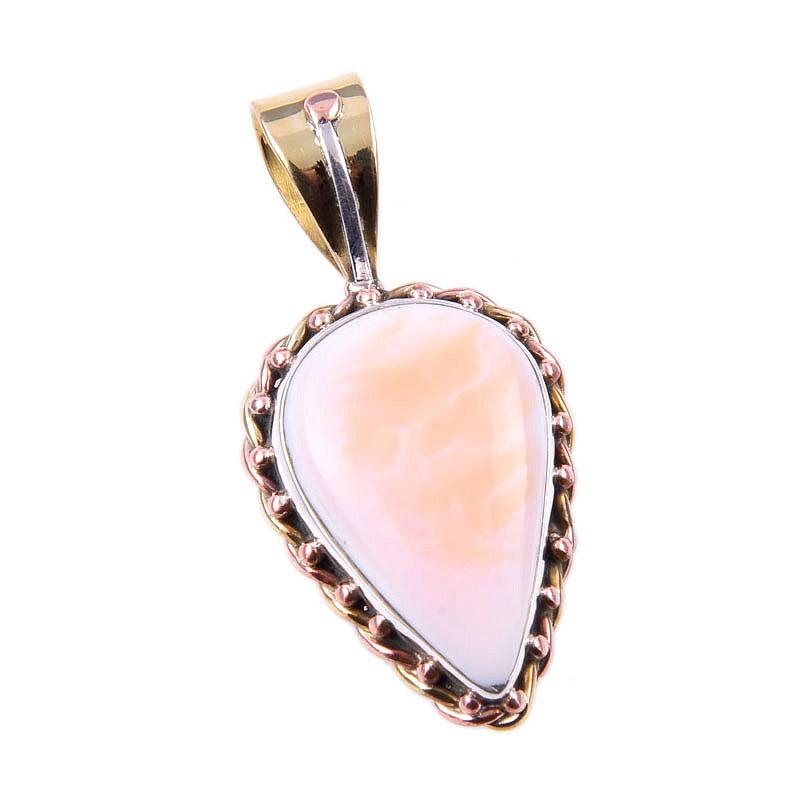 Natural Pink Opal Gemstone 925 Solid Sterling Silver Two Tone Pendant 1.50" D3M49