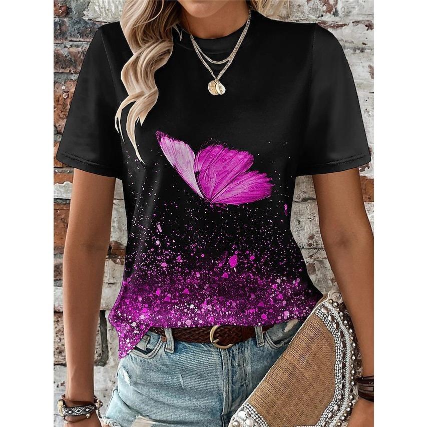 

Summer Round Neck Butterfly Flower Pattern 3D Printed T-shirts Fashionable Simple Versatile Artistic Women s Pullover Short Sleeved T-shirts 6XL