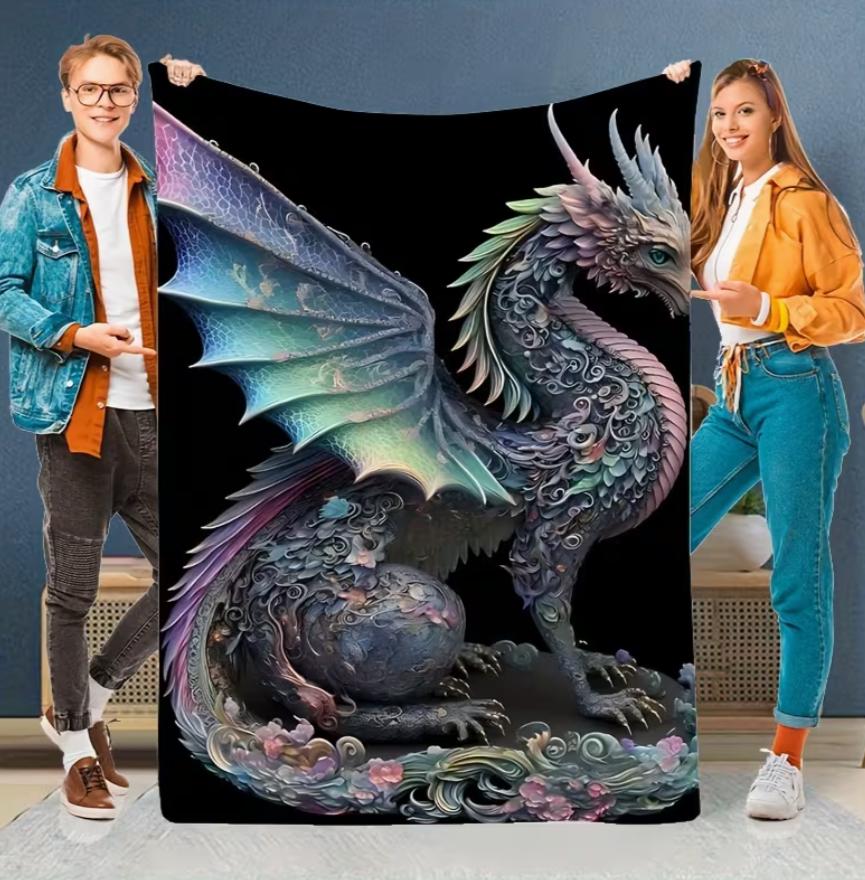 All-Season Colorful Dragon Print Flannel Blanket Comfortable Warm Soft Throw for Outdoor Travel Blankets