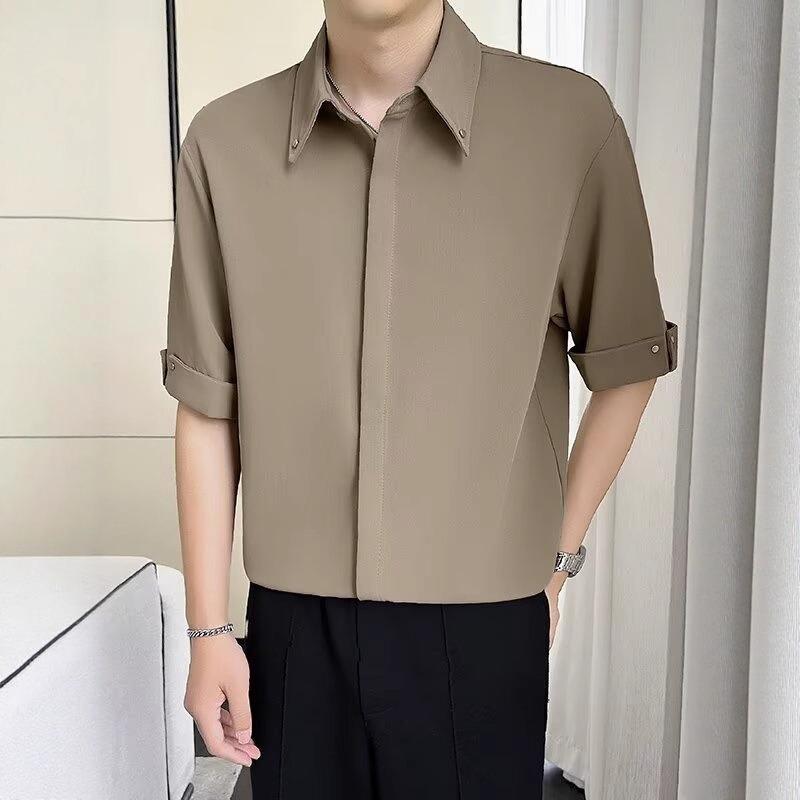 Men's Rolled-Cuff Half-Sleeve Shirt - Lightweight Wrinkle-Resistant Fabric, Versatile Fit for Daily & Occasion Wear