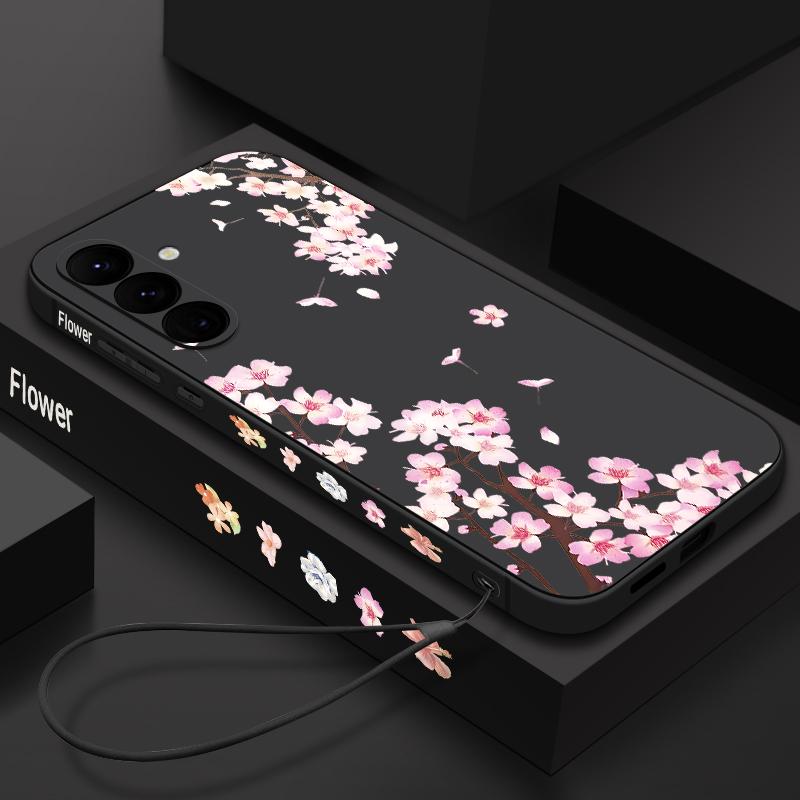 Peach Blossom Patterned Silicone Phone Case For Samsung Galaxy A17 A56 A36 A55 A16 A15 5G A35 A54 A26 A14 Soft TPU Lanyard Cover