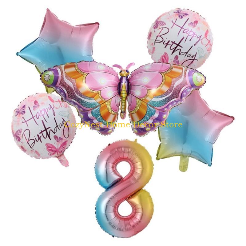 92MF Colorful Butterfly Balloon Set of 6 Aluminum Foil Number Balloon Happy-Birthday Decorations Baby Shower Party Supplies