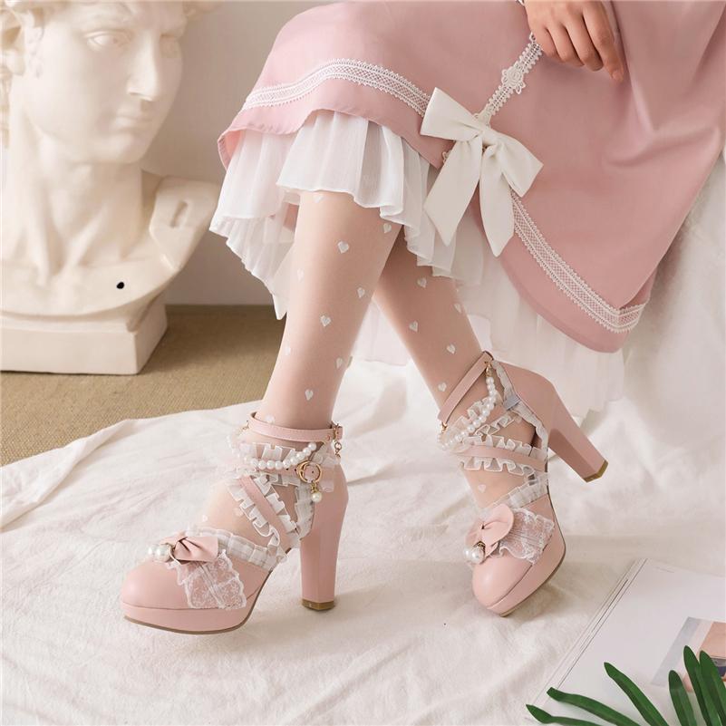 FOREADA Women Kawaii Mary Janes Pumps Round Toe Glove Shoes Thick High Heels Lolita Buckle Bow Ladies Fashion Cosplay Shoes Spring Autumn