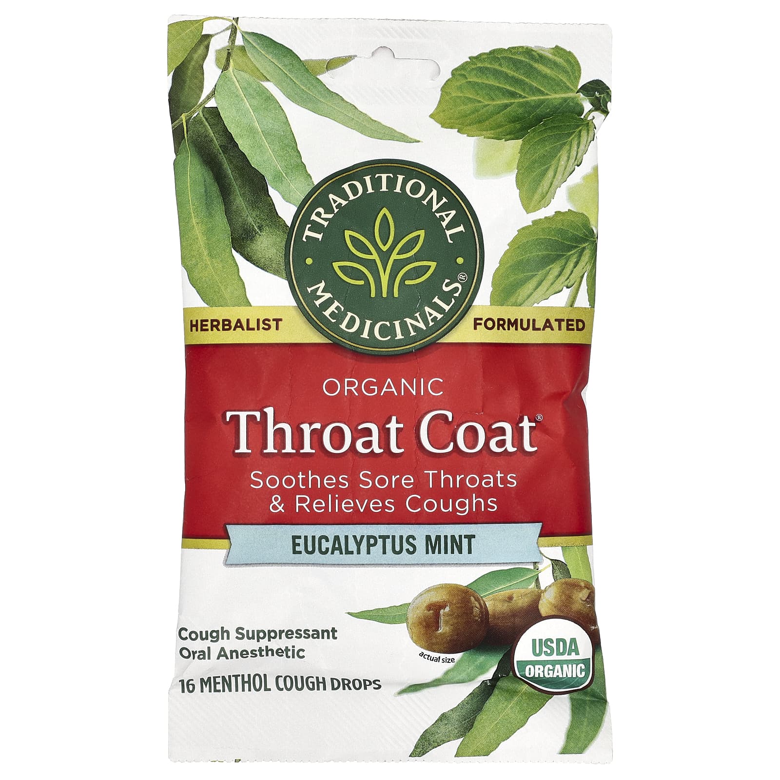 

Органические капли для горла Throat Coat®, Эвкалипт Мята, Ментол 16 штук Облегчение кашля