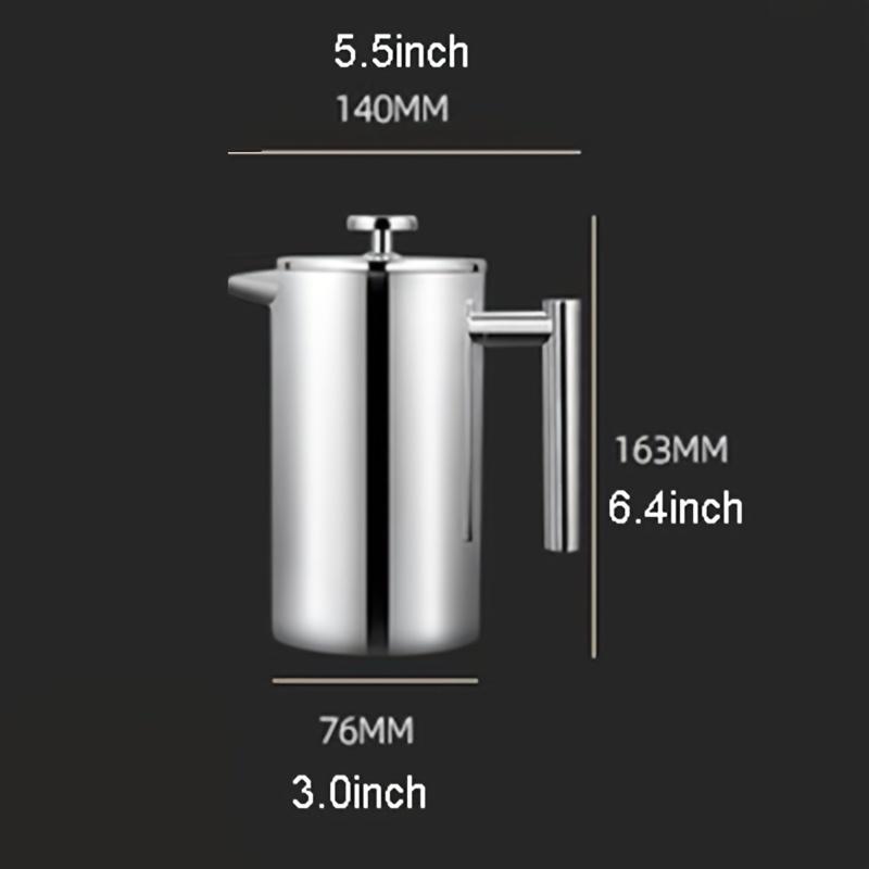 Elegant 350 ml kaffebryggare i rostfritt stål med presskanna - Dubbelväggig, termoisolerad med trähandtag och serveringspip,