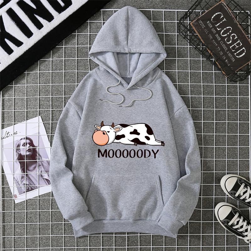 Street Womans Hoodies Kawaii Spotted Cow Printing Sweatshirts Breathable Loose Fleece Warm Pullovers Autumn Winter Sportswear