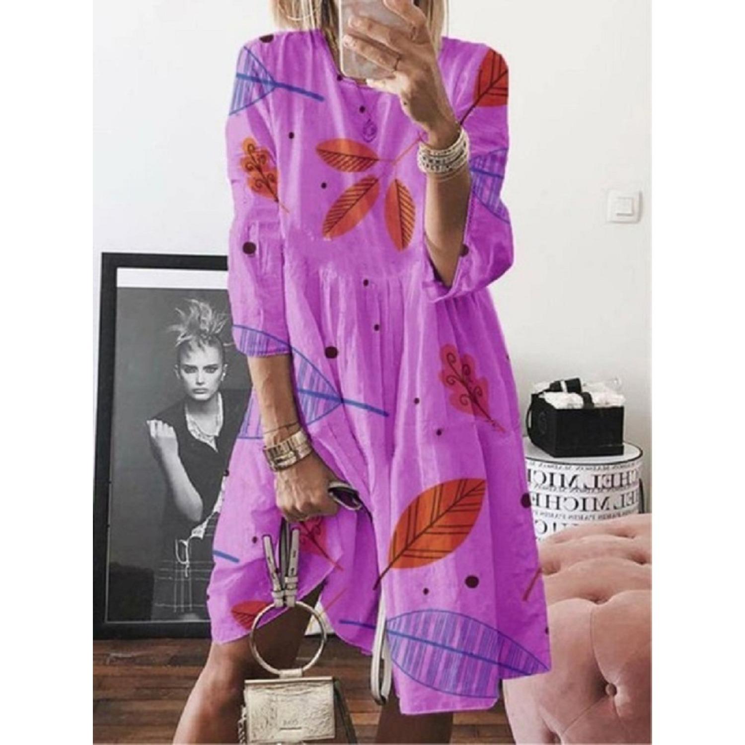 

2025 Новое женское летнее платье миди с коротким рукавом и рукавом три четверти с принтом сосновых листьев и высокой талией 5XL фиолетовый