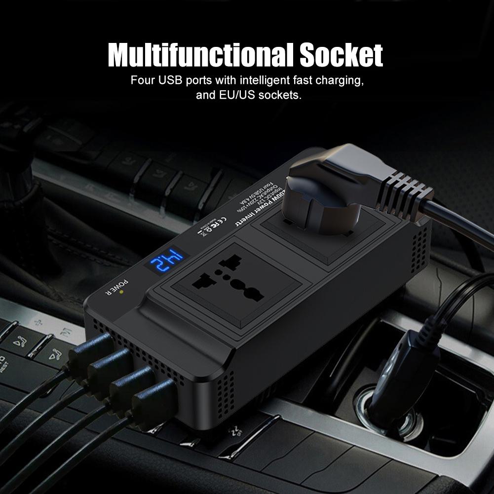 200 W Auto-Wechselrichter DC 12 V auf AC 110 V 220 V Modifizierter Sinus-Netzteil 4 USB-Schnellladebuchse Universelle US-/EU-Steckdose