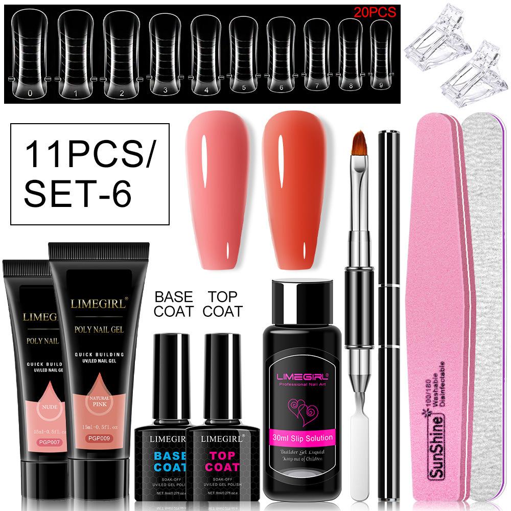 11Pcs Nail Extension Gel Kit - Clear/Nude Polygel Resin for Nail Extension, Acrylic Liquid, U-Shape Nail Forms, Brush, Nail Art Tool Set