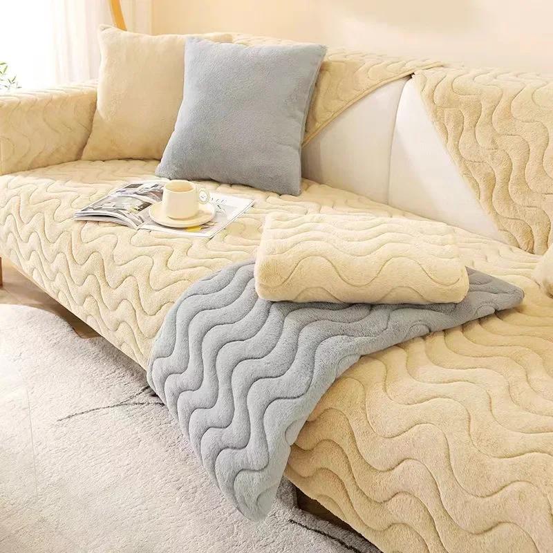Super Soft Rabbit Plush Quilted Sofa Towel Winter Warm Thick Plush Couch Cover L-shaped Sectional Anti-slip Sofa Cover