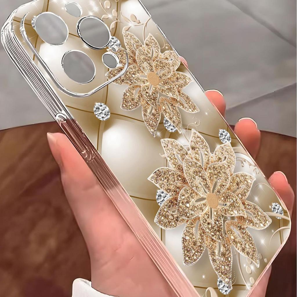 iPhone 14/15/16/17 Pro Max Gold Diamond Floral Anti-Drop Transparent Protective Case
