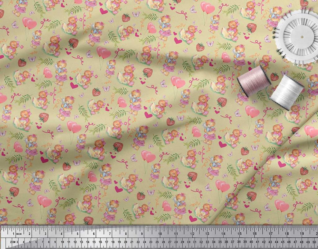 Soimoi Beige Japan Crepe Satin Fabric Balloon & Teddy Bear Kids Print Fabric by Metre 42 Inch