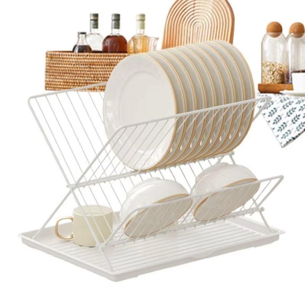 

2 Tier Foldable Dish Drying Rack Non-slip Plate Drying Shelf Kitchen Tableware Holder Kitchen White Carbon Steel