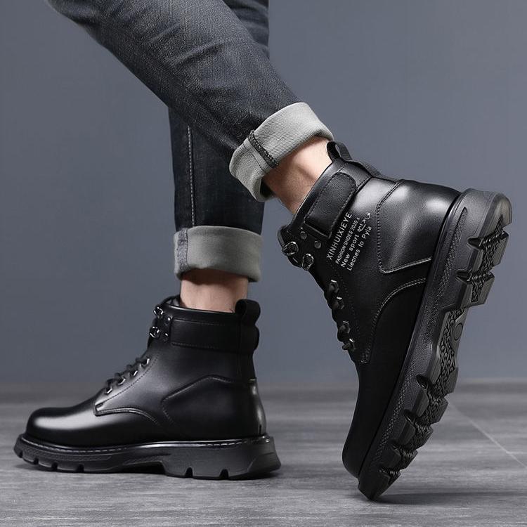 Winter Boots British Style High Top Waterproof Leather Boots Mid Top with Plush Insulation Cotton Shoes Men's Short Boots Snow Boots