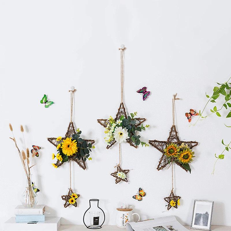 Five Pointed Star Vine Circle Wall Decoration Simulation Flower Pendant Decoration Creative Bedroom Living Room decor Aesthetic