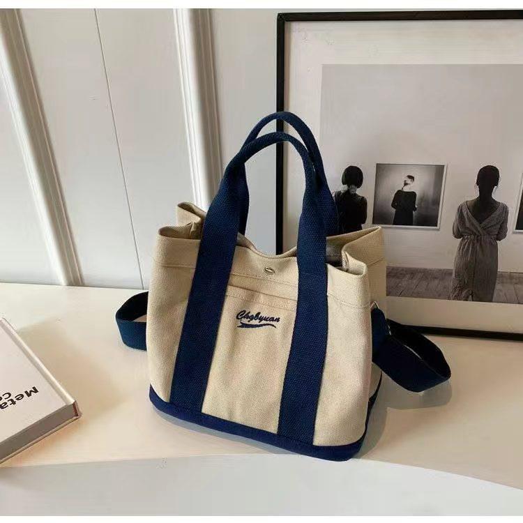 Japanese Color Block Canvas Tote: Lightweight, Large-Capacity, Versatile Handbag for Women - Shoulder or Crossbody Use.