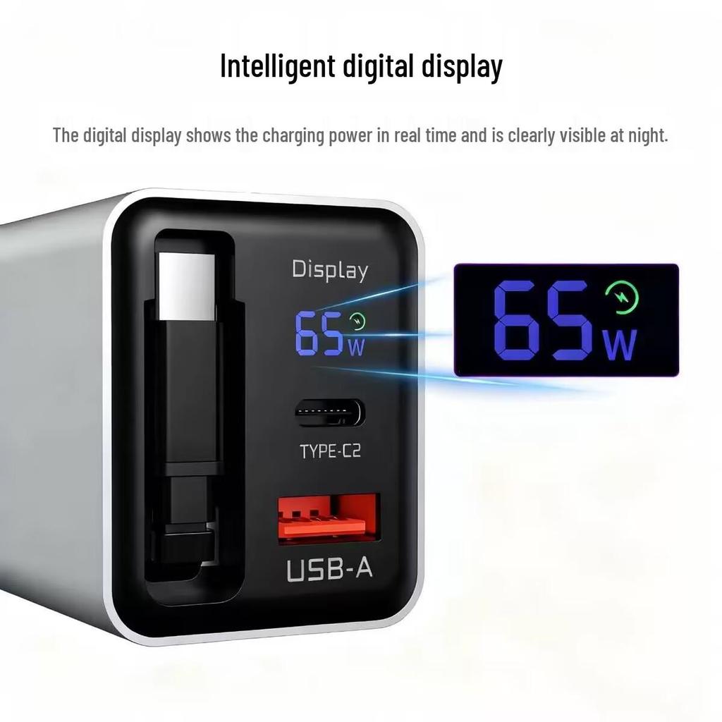 65W GaN Fast Charger with Digital Display, Retractable Type-C Cable, and Multi-Port Compatibility for Apple and Android Devices.