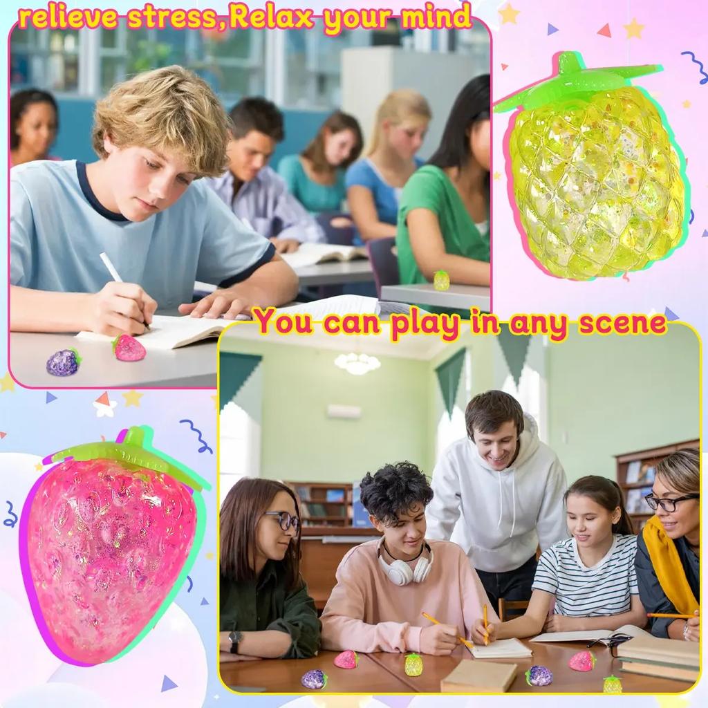 3Pcs Glittery Fruit Shaped Stress Relief Ball Set, Sensory Squeeze Toys, Random Style & Color