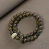 Green Sandalwood Gold Thread Double Wrap Bracelet with Lion Dance Ring - Wooden Buddhist Beads, Chinese Style Couple Accessory