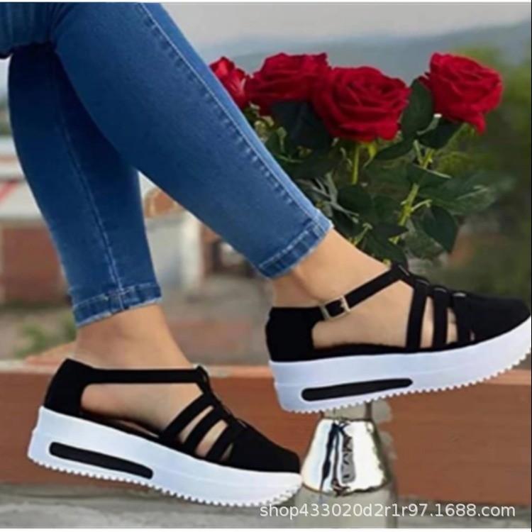New European and American casual slope heel round head hollow single shoes