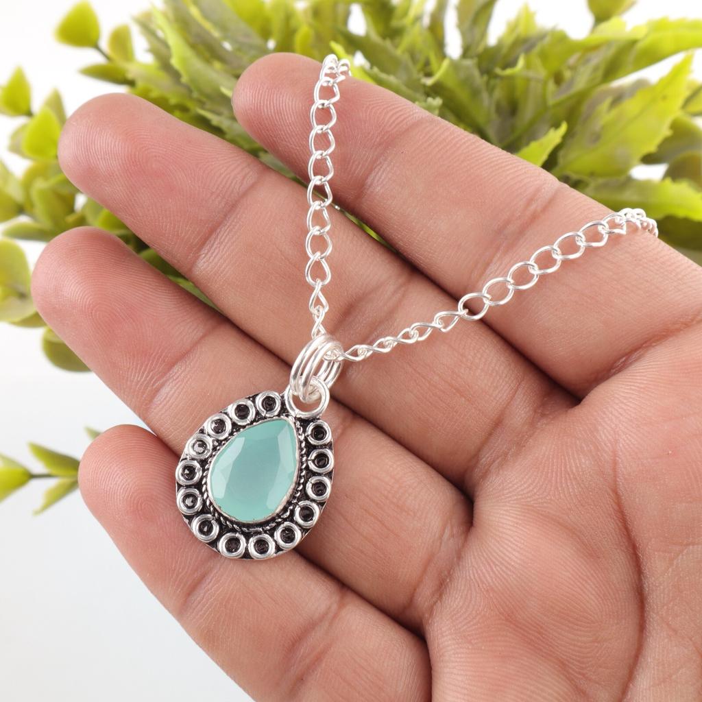 Pear Aqua Chalcedony Stone 925 Sterling Silver Elegant Best Sisters Gift Pendant PP-26-17