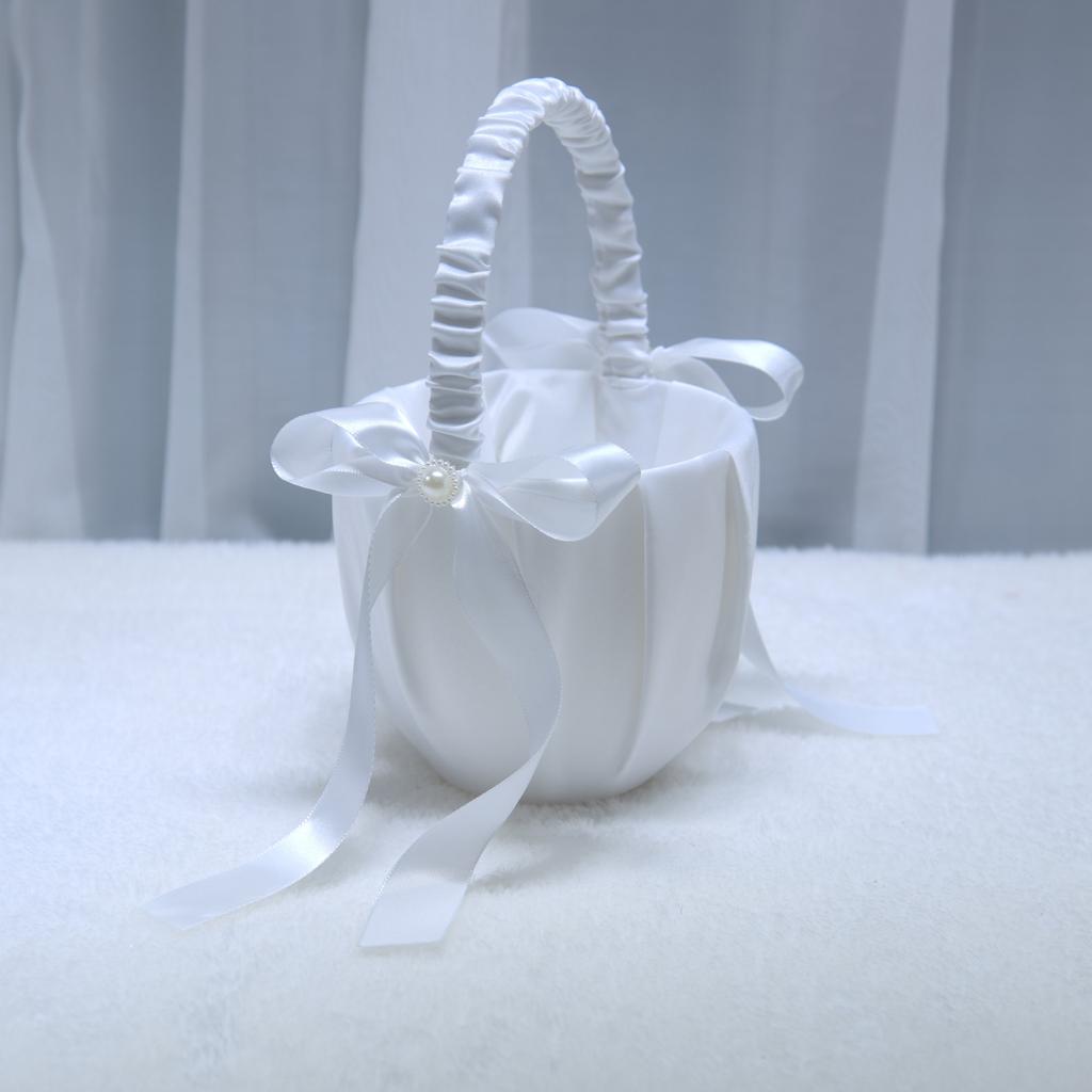 Elegant Wedding Flower Girl Basket White Cute Satin Holder Ring Pillow Flower Storage Basket for Party Wedding Decoration