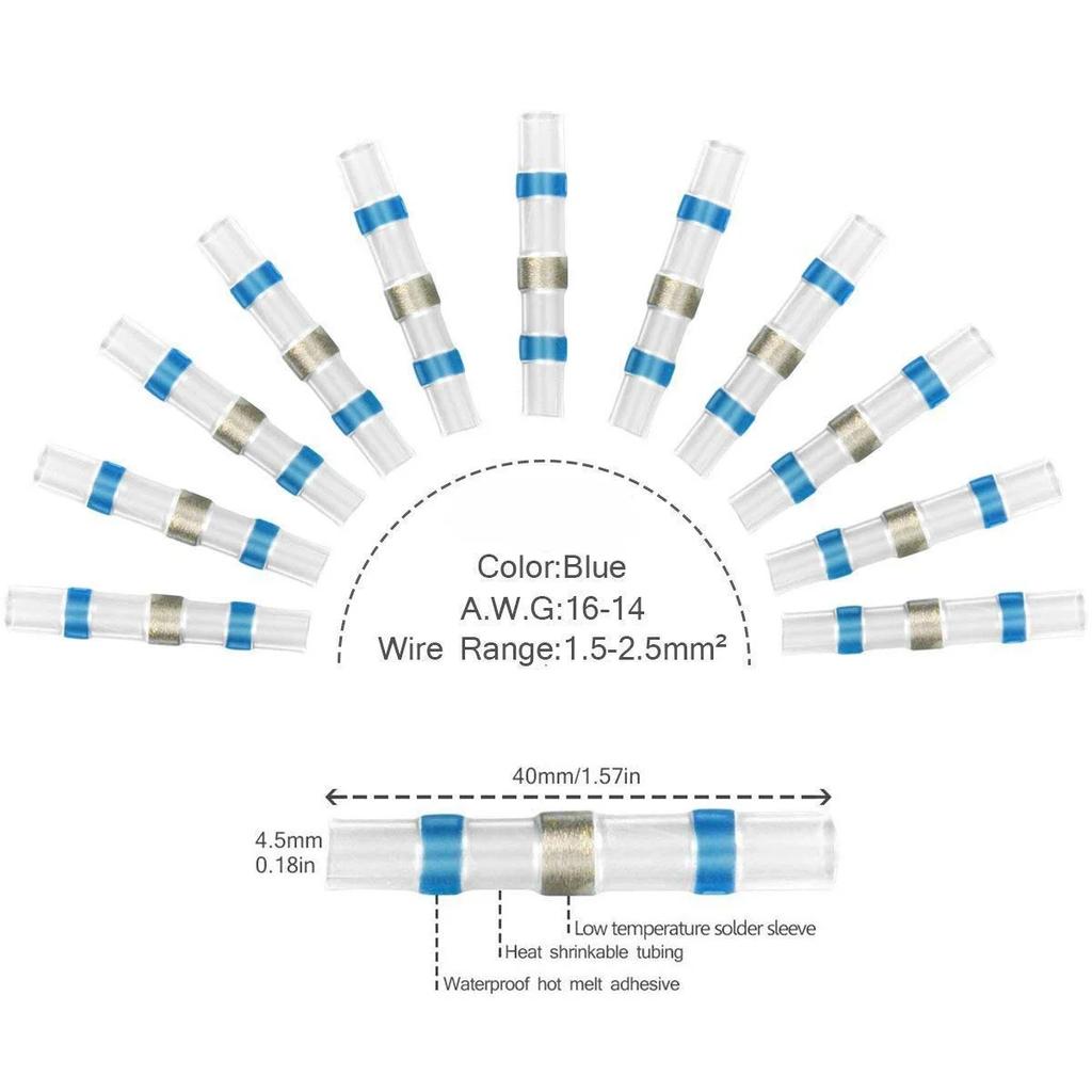 500/1000PCS Waterproof Solder Seal Sleeve Splice Terminal Tinned Copper Heat Shrink Electrical Wire Butt Connector AWG16-14 Blue