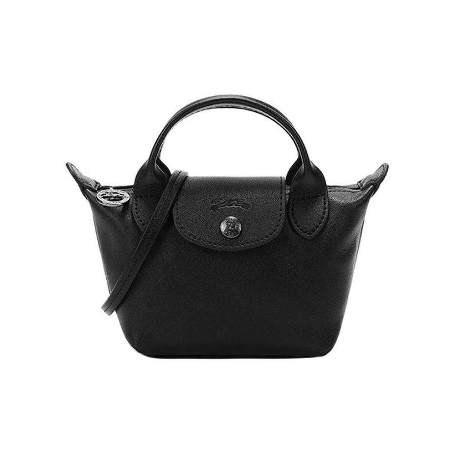 Longchamp Women's Black Le Pliage Cuir Short Handle Zipper Flap Foldable Lambskin Dumpling Bag Mini Handbags 10147757001