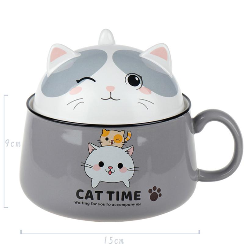 Ceramic Cute Cartoon Instant Noodle Bowl with Lid and Handle Creative Large Capacity Office Fruit Bowl Tableware